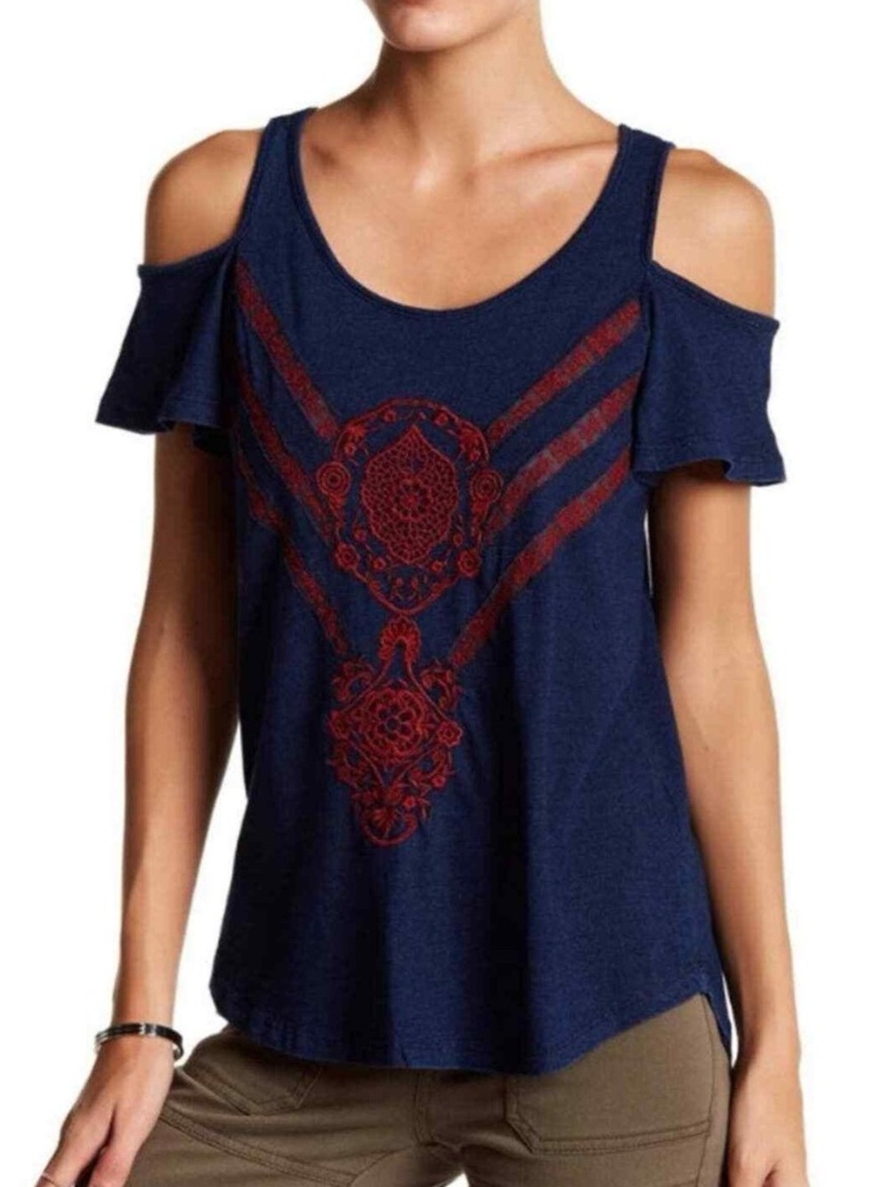 Lucky Brand Embroidered Cold Shoulder Top